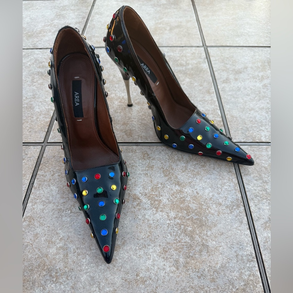 AREA Black Patent Leather Clear Jeweled Pointed Toe Pumps - Picture 10 of 16